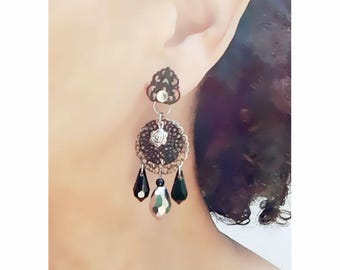 Orecchini Lunghi A Goccia Clip-On Con Strass Argento E Oro - Cerchio Pendente - Foto 4