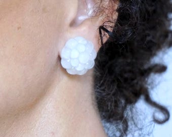 CLIP on earrings white Vintage Rare Blown Glass cabochon French design Hand made Nickel free, gift for her