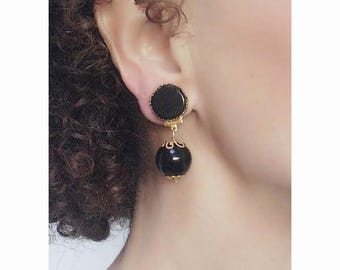 CLIP on Earrings Black gold stone Gem / Gold Clips Semi precious stone  Dangle drop  French design Hand made Nickel free Gift for her
