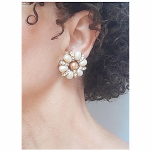 CLIP on Earrings White Water pearl bead vintage from 70&#39;s & Gold Clips Vintage with new clip French design  Handmade