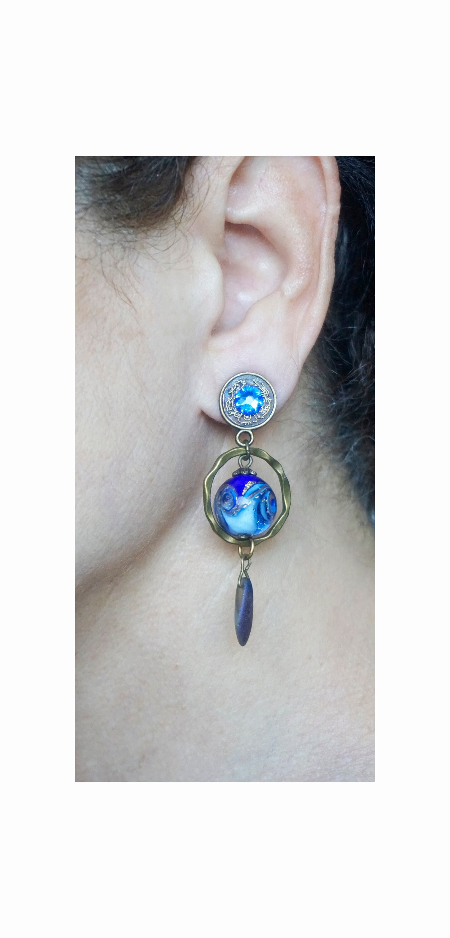 Murano Glass Earrings Light Blue Grey and Bronze Circular Handmade from Venice