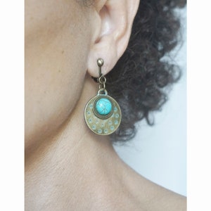 CLIP on earrings Clip-on Turquoise & bronze earlobe  earrings Turquoise  Vintage Stamp French design Hand made Nickel free Gift for her