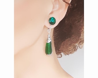 Boucles D'oreilles Clip Argenté Floral Avec Jade Sculpté Vert Et Blanc - Fait Main