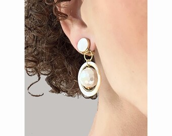 CLIP on Earrings White Mother of Pearl & Gold Dangle French design