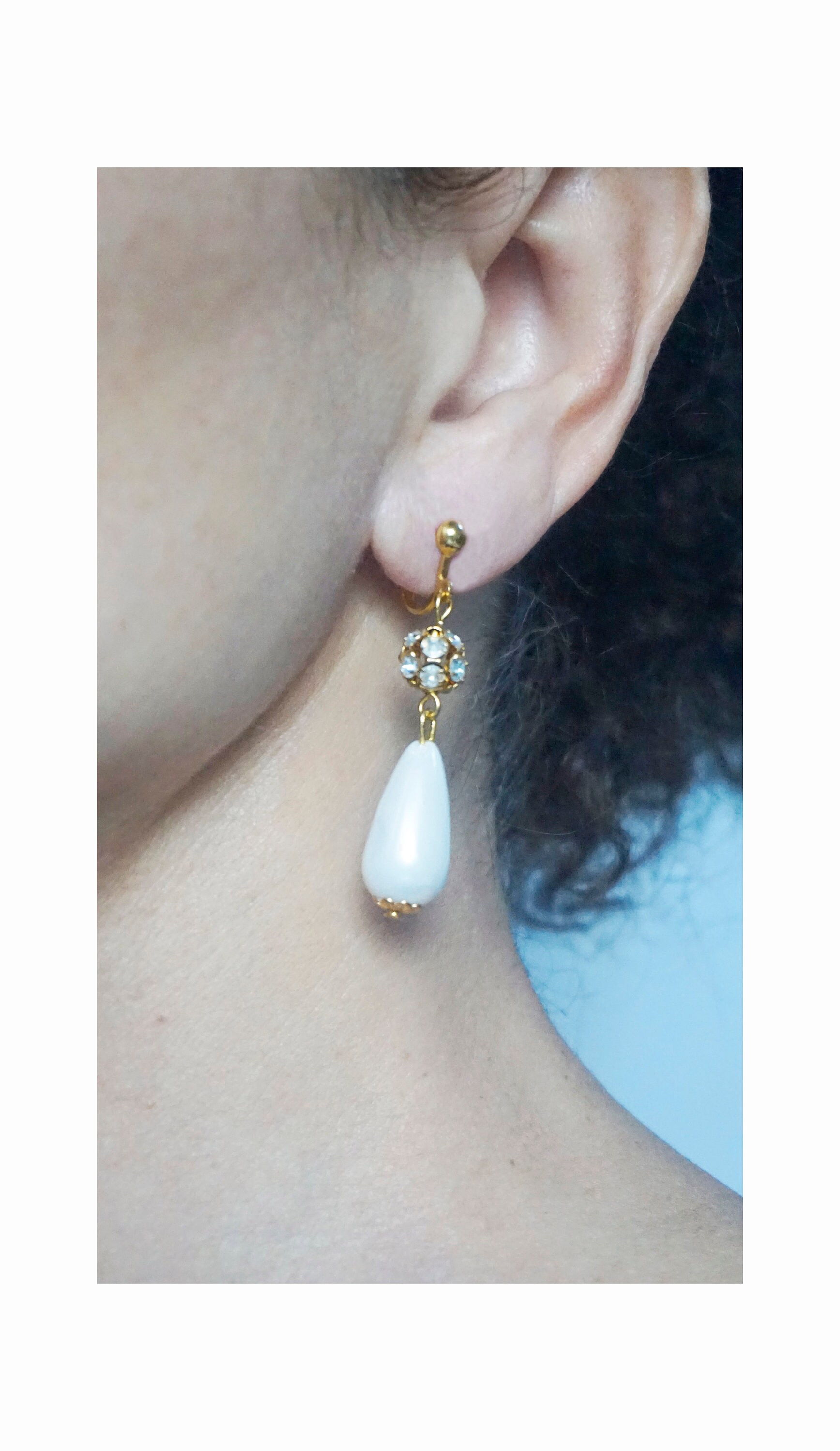 Boucles D'oreilles Clip Or Perles Strass - Non Percées, Goutte Blanche YW8