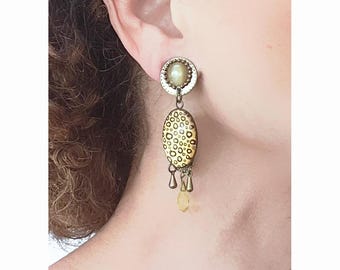 CLIPS on Earring Clip on Yellow, brown & Bronze Stamp Leopard, Cristal, Dangle, French design