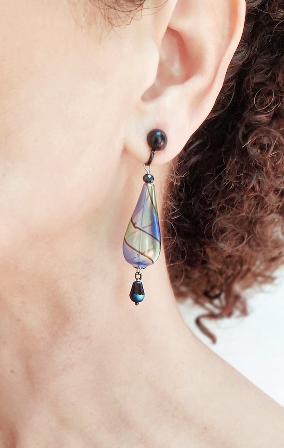 MURANO CLIP on Earrings Clear Blue and Green Blown Murano Glass