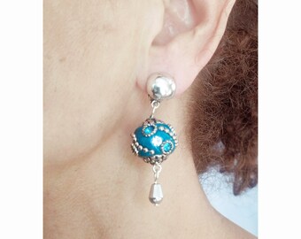 Orecchini A Goccia Clip-on Orecchini A Goccia Clip Placcati Argento Con Cristallo Blu - Handmade, Chiusura A Clip-on Orecchini A Goccia Clip Argento - Foto 4