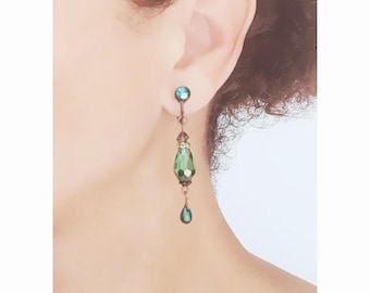 CLIP on Earrings Clip on Green & Bronze Agate Gem, Cristal, teardrop Dangle French design