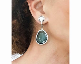 CLIP on Earrings Blue & Silver,  Glass and crystal Clip ons, French design, Dangle Hand Made
