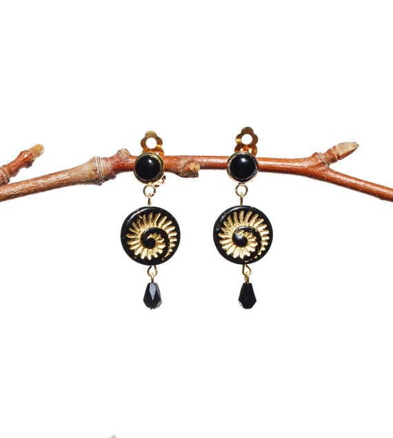 Boucles D'oreilles Clips Métal Doré Avec Cabochon Noir Brillant (obsidienne) - Occasion, Style Ethnique Ou Chic