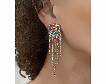 CLIP on Earrings Multicolored & Golden Chandelier Rhinestone Crystal Cabochon Vintage Jewelry French Designer Handmade Gift For Her