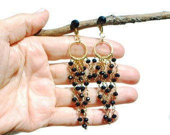 CLIP on Earrings Black & Gold long Dangle crystal Glass Chandelier Earrings French design hand made Nickel free Gift for her