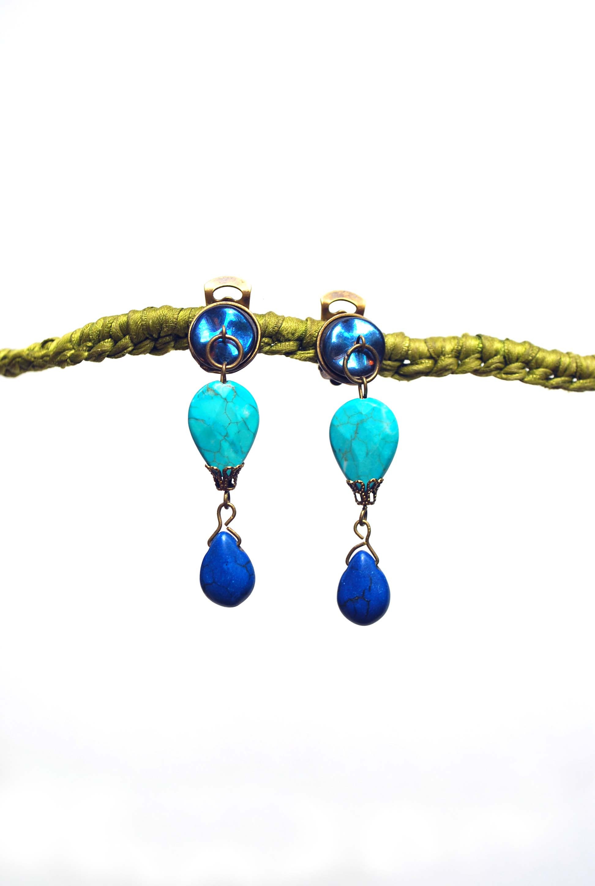 Clip on earrings Turquoise & Bronze earrings Dangle drop Long Etsy