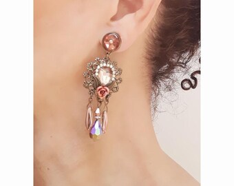 Pendientes largos de clip CLIPS, bronce rosa antiguo, cristal Swarovski, cristal bohemio, diseño de filigrana, creación de joyería francesa.
