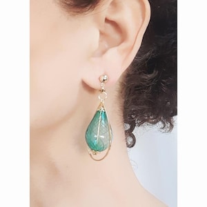 MURANO CLIP on Earrings Bluish-Green & gold Original Murano glass Blown teardrop bead dangle French design Hand made Nickel free