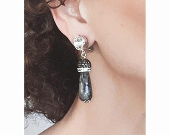 CLIP on Earrings Gray- Black Agate Gem, Vintage Swarovski caboshon, Clips Earrings Teardrop French design Hand made Nickel free Gift for her