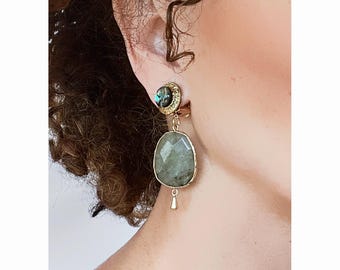 CLIP on Earrings Clips Labradorite & Gold Vintage Jewelry French Creation Vintage Handmade Nickel Free Gift for Her
