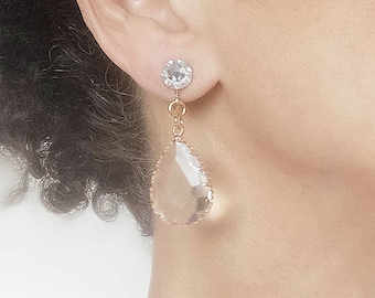 Pendientes colgantes CLIPS, cristal transparente y dorado, cristales Swarovski, diseño francés, hechos a mano, sin níquel.