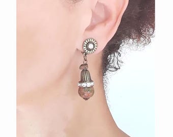 Boucles D'oreilles Anciennes Clips - Ornées D'une Perle Quartz Rose, Occasion Très Bon état