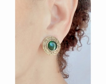 Vintage CLIP on earrings Resin Cabochon Dark Green Lobe earrings French design Hand made Nickel free Gift for her