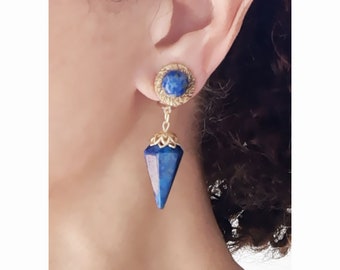 CLIP on earrings Lapis GEM blue & Gold long earrings French design Hand made Nickel free, Gift for her