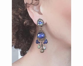 CLIP on earrings Blue & Bronze, Long earrings, Chandelier, Cristal, Cat eye cabochon, Dangle, French design Hand made Nickel free.