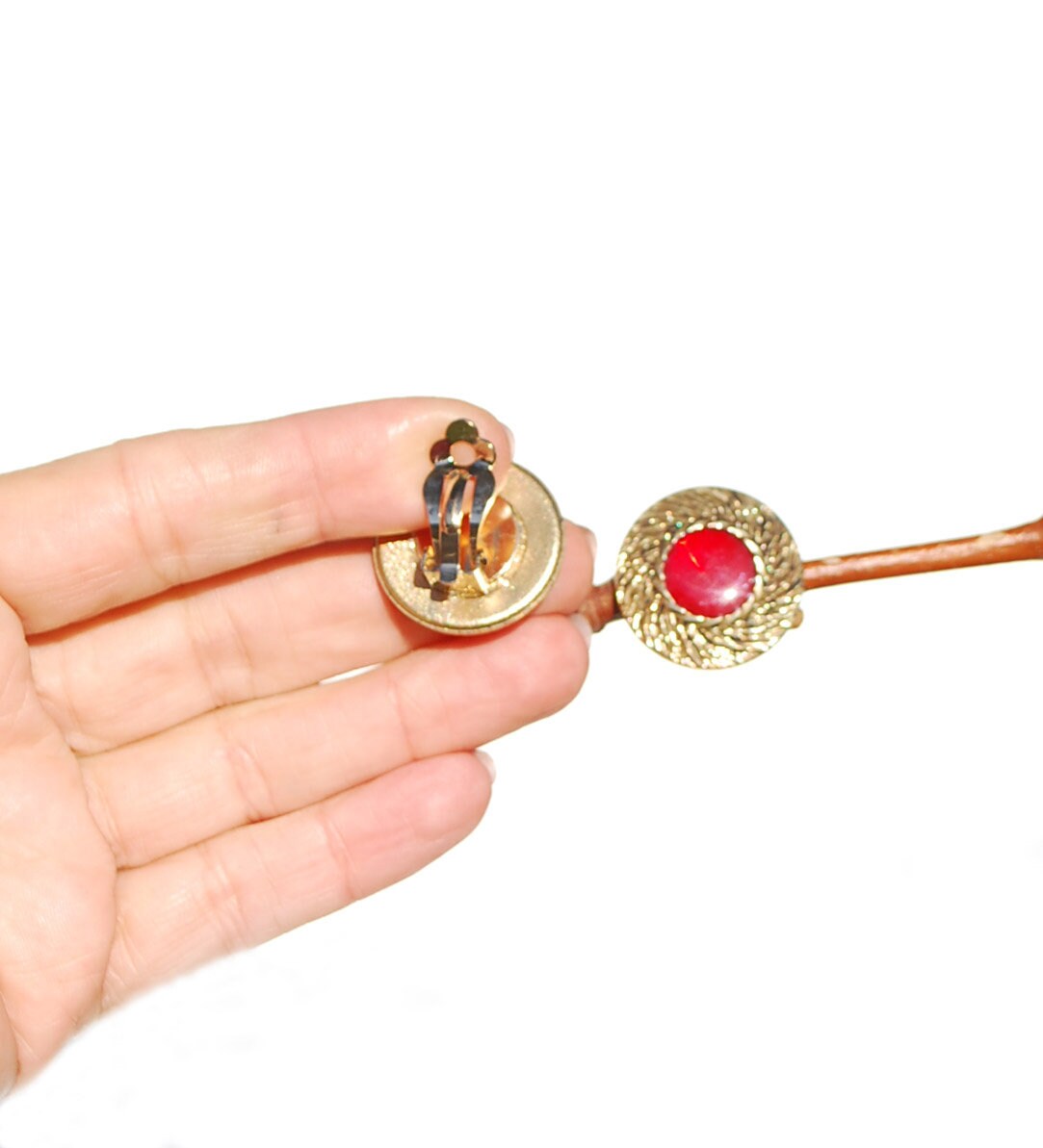 Boucles D'oreilles Clips Vintage Or Avec Cabochon Rouge Pailleté – Modèle 5140, Occasion