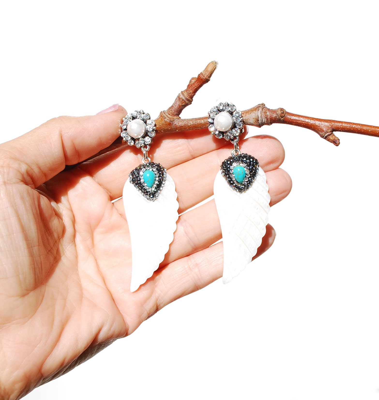 Boucles D'oreilles Pendantes Cristal Violet Et Nacre Blanche, Fait Main, Neuves