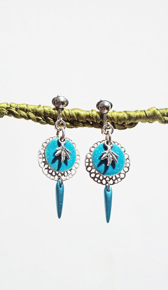 Boucles D'oreilles Anciennes Clips Argenté Avec Pendentif Bleu - Vintage - France