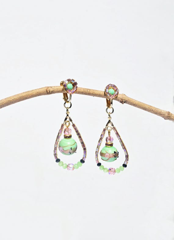 Boucles D'Oreilles Rustiques En Verre - Couleurs Vert Et Bleu, Monture Cuivre, Clips (Neuf Sans Emballage)