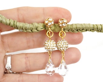 Pendientes de clip CLIPS, con diamantes de imitación de cristal, metal transparente y chapado en oro, diseño francés, hechos a mano, sin níquel, regalo para ella.