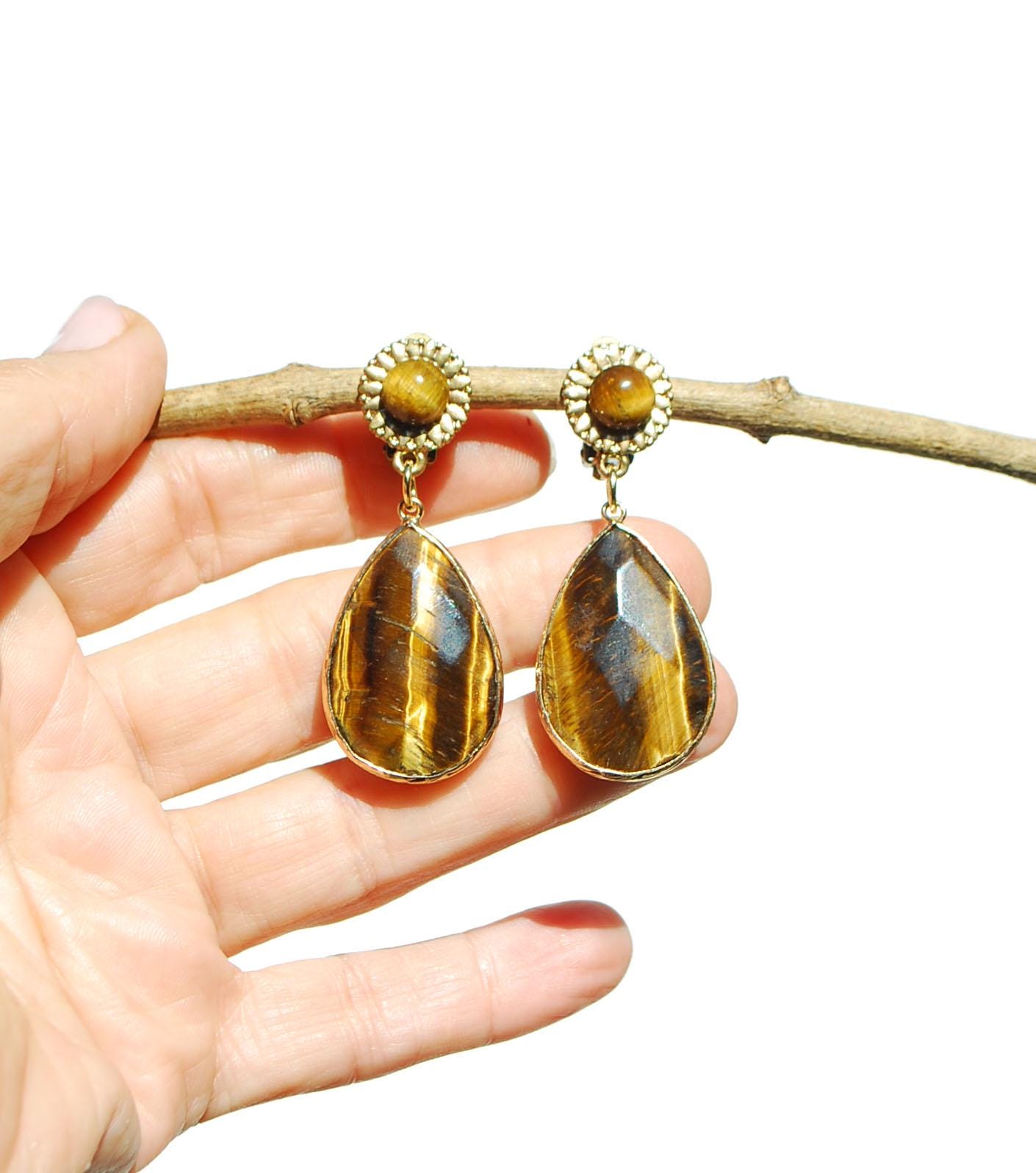 ピアス Brass Rhinestone Tiger Eye Clip On Earrings CLIP on Earrings Gem Stone Tiger Eye & Golden, Dangle