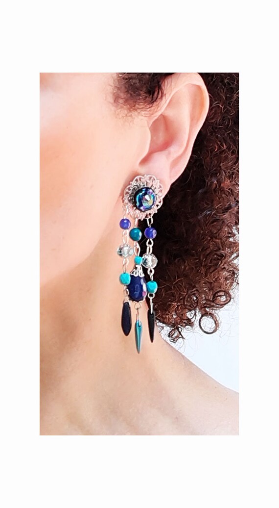 Boucles D'oreilles Turquoise Et Strass Sur Métal Doré - Sans Nickel, Neuf Avec étiquettes, Style Bohème
