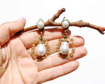 CLIP on Earrings White pearl & Gold  Earrings Dangle teardrop Pearl French designn  Handmade Nickel free Gift for her
