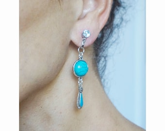 Orecchini a clip CLIP con howlite, turchese e zirconi, in argento, gioielli di design, creazione francese, fatti a mano, senza nichel, regalo per lei