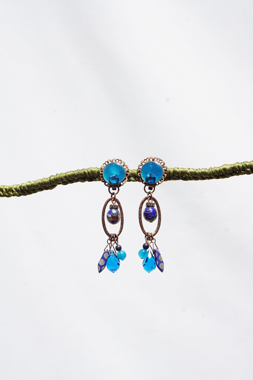 CLIP on Earrings, Mixed Blues & Copper Long Earrings Cloisonné Vintage Cristal Drop Dangle