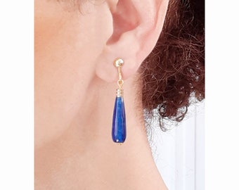 CLIP on earrings Blue & Gold Earrings Agate Stone teardrop  French design Hand made Nickel free gift for her