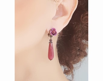Clip o, Earrings Red-Pink & Bronze Clips Agate Genuine, Metal Flower, Earrings Handmade, Creative Jewelry French Design