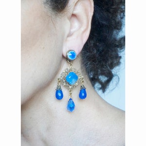 CLIPS on Earrings Lapis Blue & Gold Clips earrings Long Chandelier Cristal Dangle Drop vintage French design hand made Nickel free For her