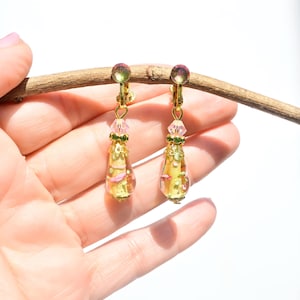 CLIP on Earrings Yellow, Pink & Glod Brass, Crystal, glass, Clip on earrings Dangle French design Hand made Nickel free
