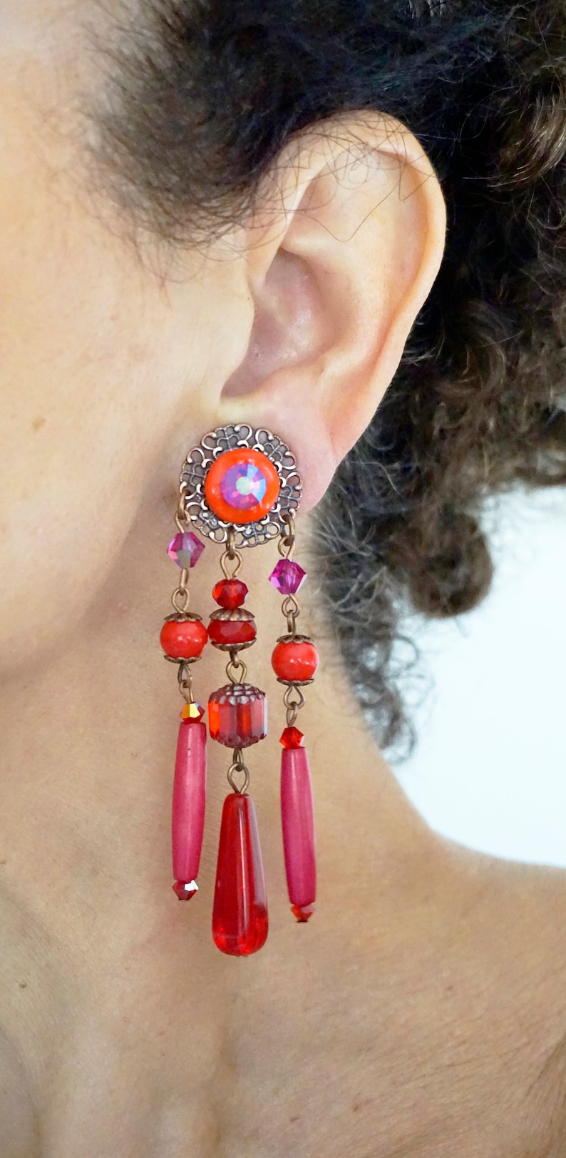 CLIPS on Earrings Red-Pink Fuchsia /& Copper Clips earrings Dangle Chandelier Crystal Beads French design Hand made Nickel free Gift for her