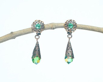 Boucles D'oreilles Clip Vert Et Cristal - Goutte - Occasion - Métal Argenté