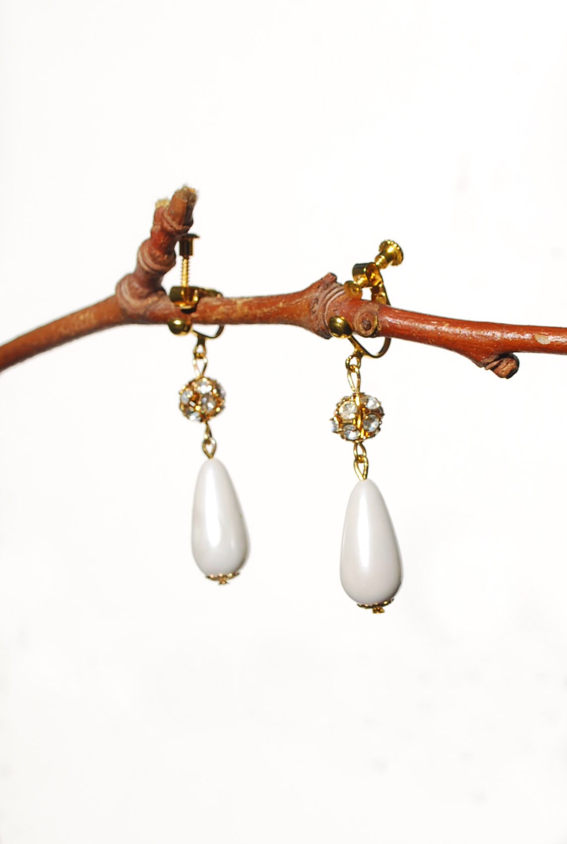 Boucles D'oreilles Clip Or Perles Strass - Non Percées, Goutte Blanche YW8