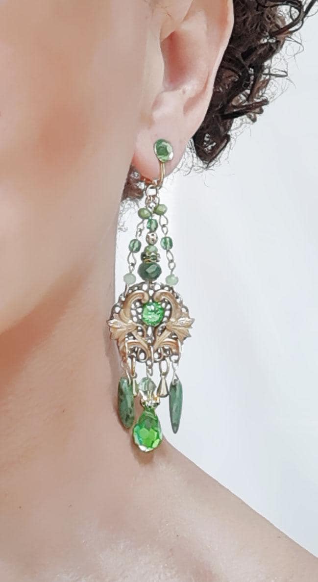 Boucles D'oreille Clip-on Dorées Pendantes Style Chandelier Floral Bleu Vintage - Récentes, Sans Emballage