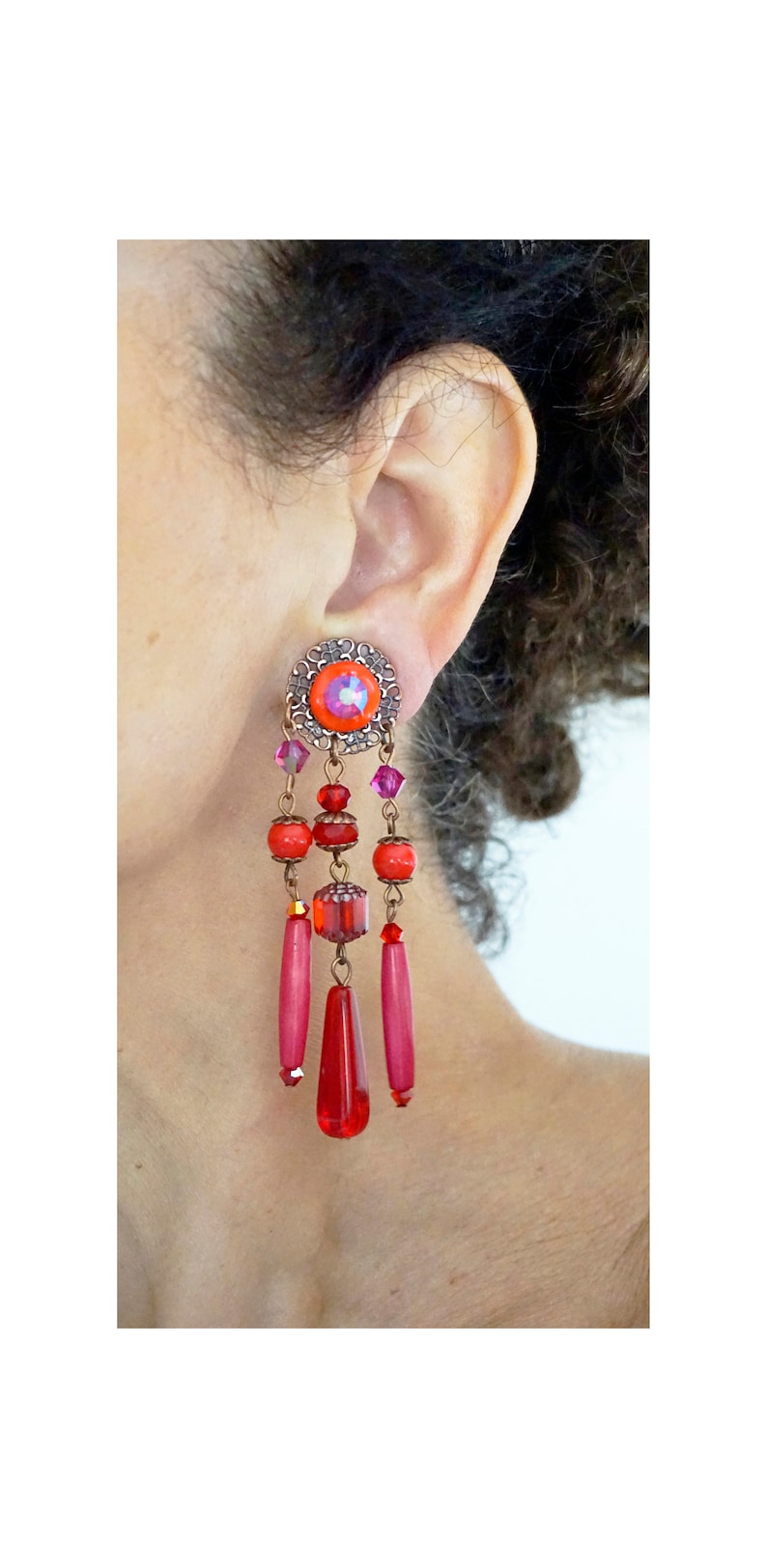 CLIPS on Earrings Red-Pink Fuchsia /& Copper Clips earrings Dangle Chandelier Crystal Beads French design Hand made Nickel free Gift for her