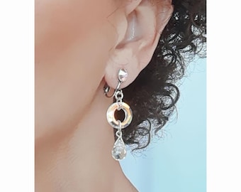 Pendientes colgantes CLIPS, cristal AB, transparente y plateado, diamantes de imitación Swarovski, diseño francés, hechos a mano, sin níquel.