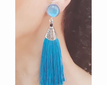 CLIP on earrings blue & Silver Long Earrings, Tassel, Blue cabochon Clips French design Cristal Hand made Nickel free gift for her