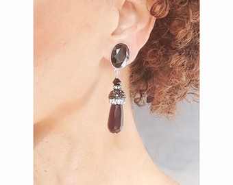 Clip-Ohrringe, Schwarz-Grau-Anthrazit, Hämatit & Achat, Edelsteine / Silber, Kristall-Strasssteine, Designer-Schmuckclips, Französisches Design