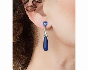 CLIP on earrings Blue Agate Gem on Silver, earrings Long teardrop dangle French design